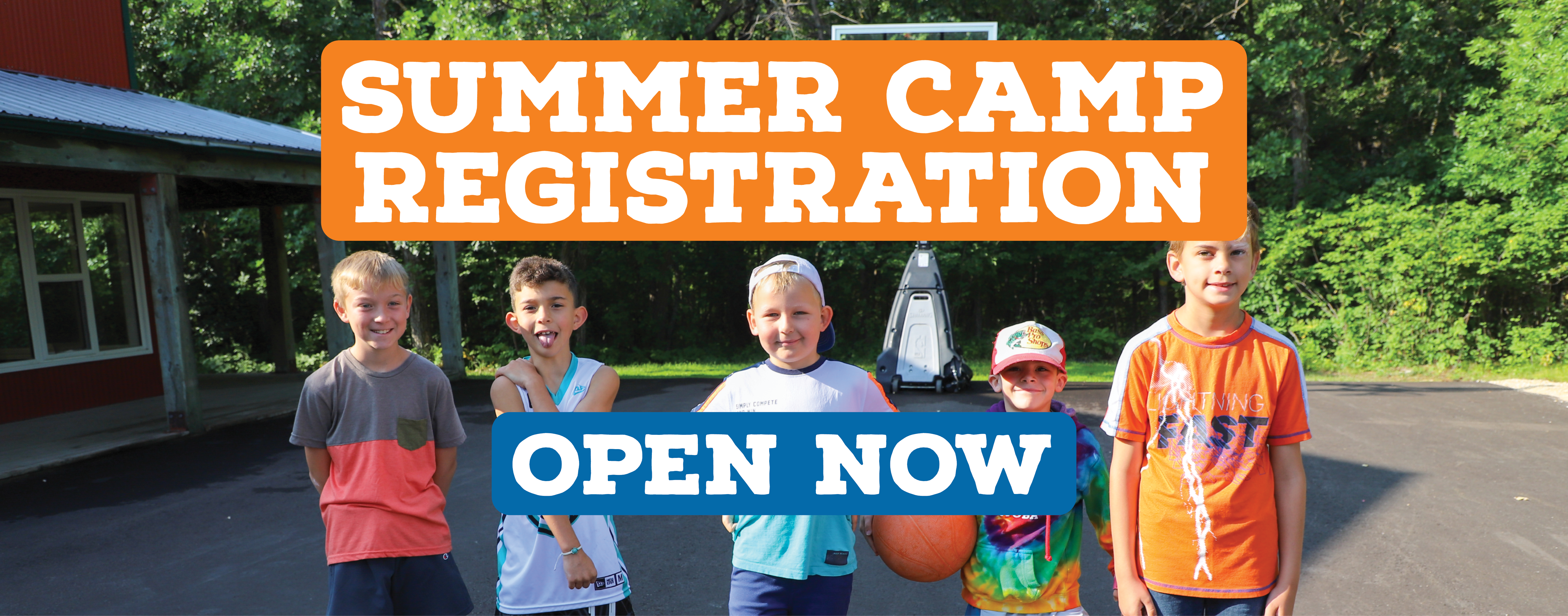 Five children smiling, standing in a row. Text above them reads, Summer Camp Registration. Text below them reads, Open Now.